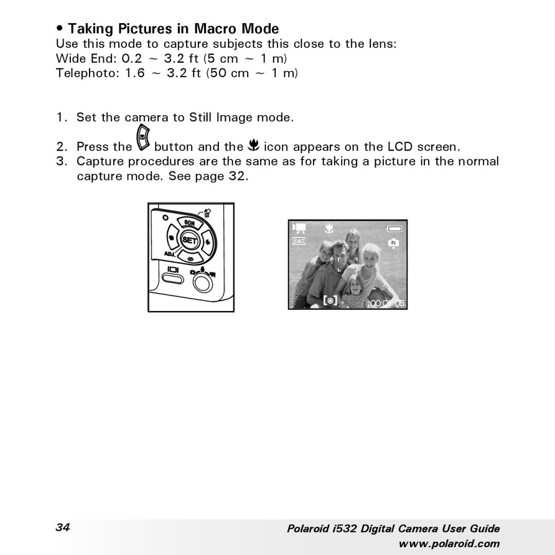 Polaroid i532 manual Taking Pictures in Macro Mode 