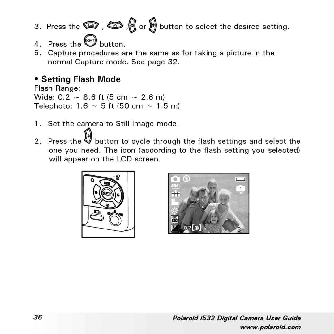 Polaroid i532 manual Setting Flash Mode 