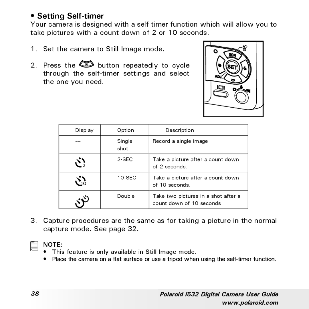 Polaroid i532 manual Setting Self-timer 