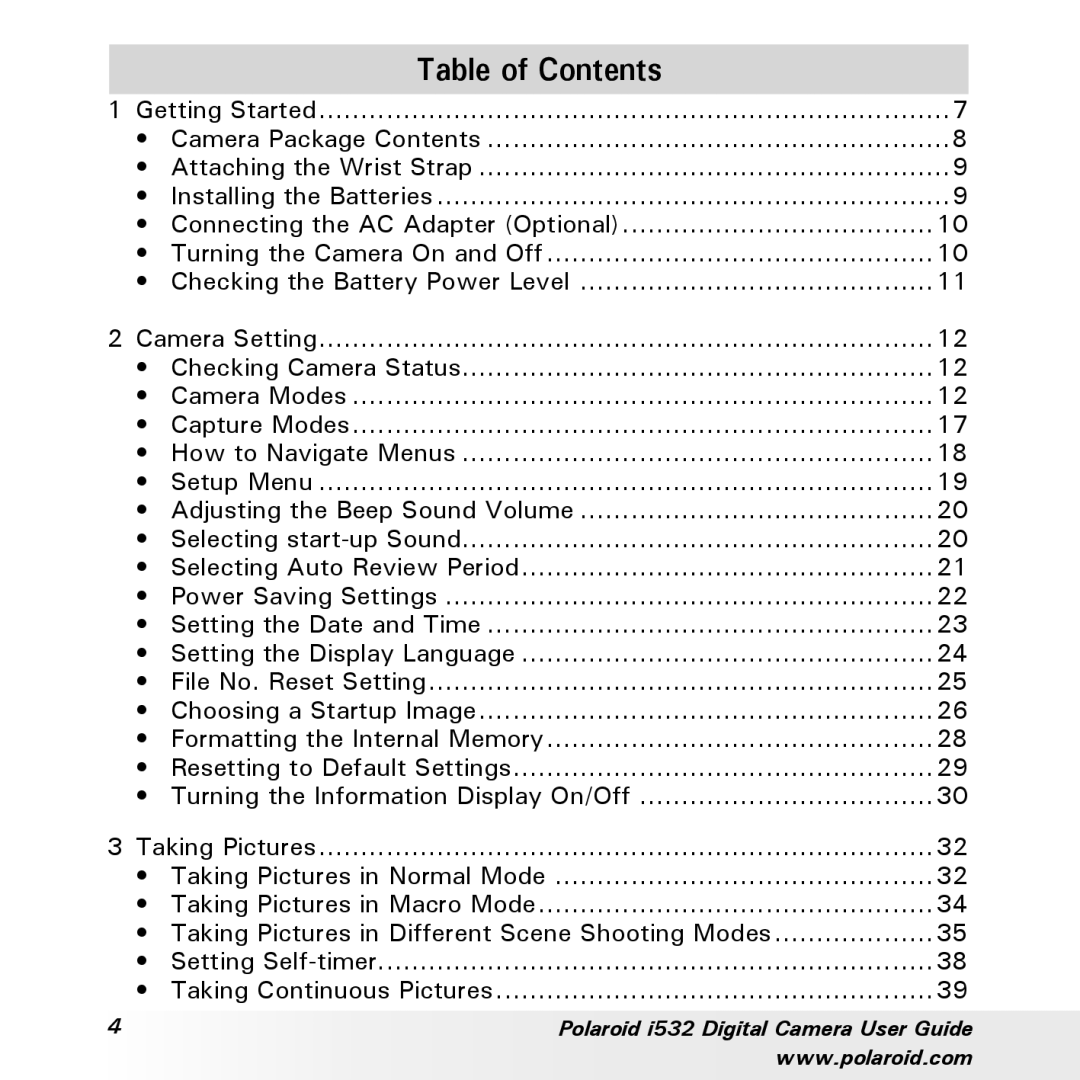 Polaroid i532 manual Table of Contents 