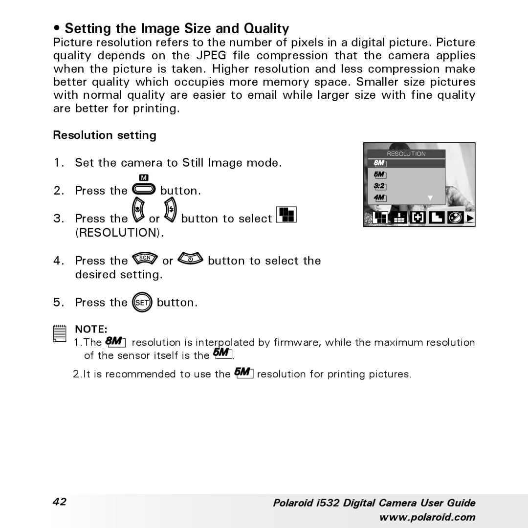 Polaroid i532 manual Setting the Image Size and Quality, Resolution setting 