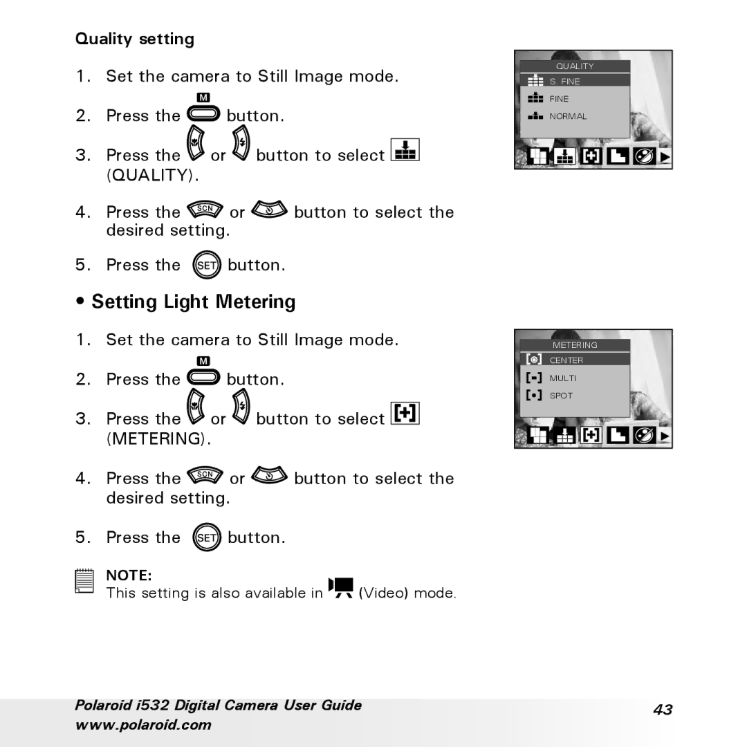 Polaroid i532 manual Setting Light Metering, Quality setting 