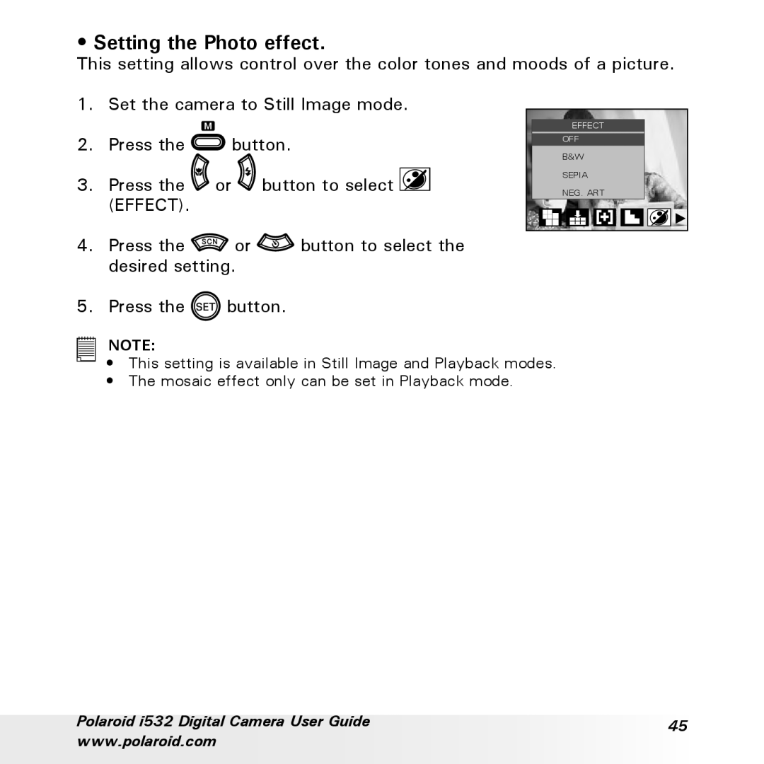 Polaroid i532 manual Setting the Photo effect, Effect 