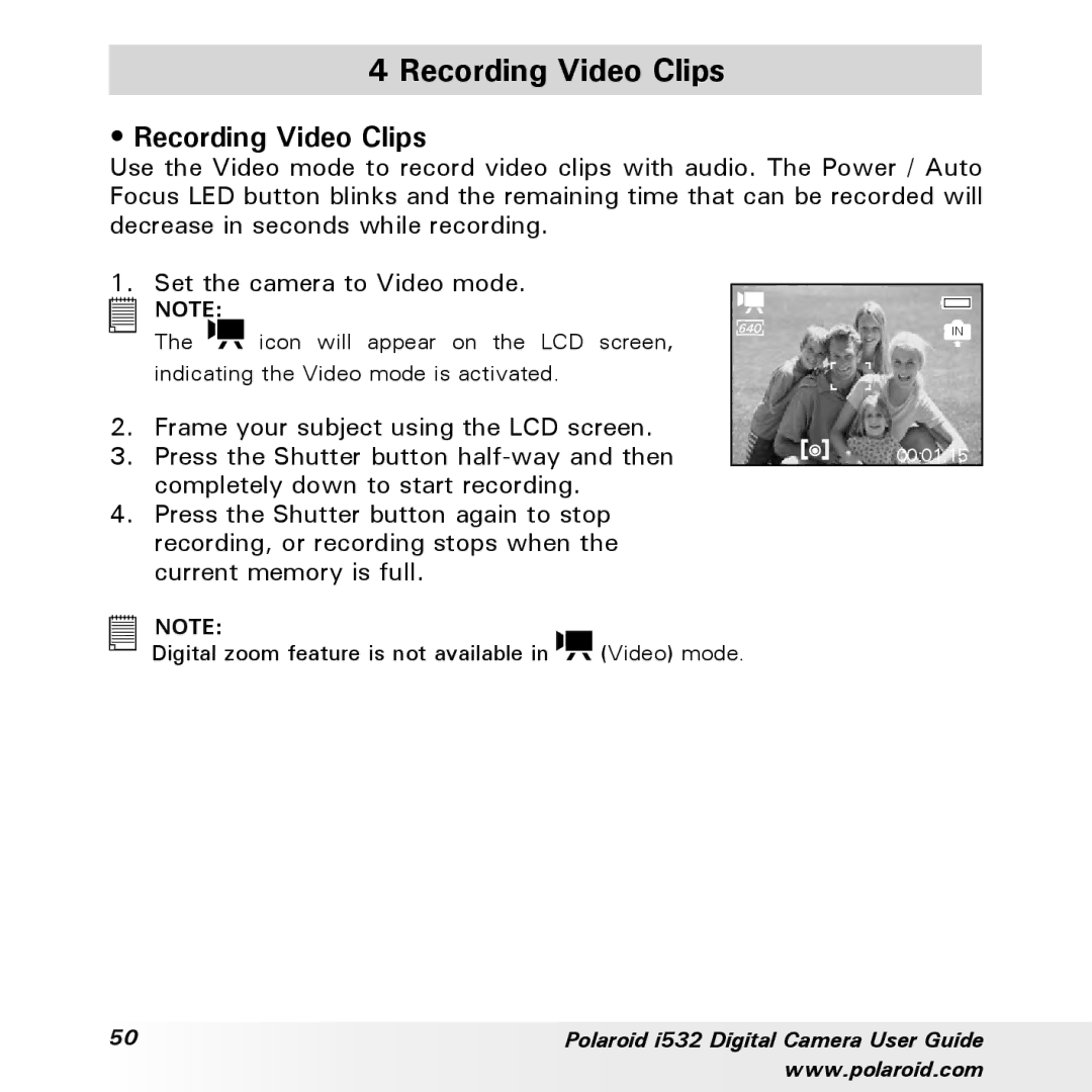 Polaroid i532 manual Recording Video Clips 