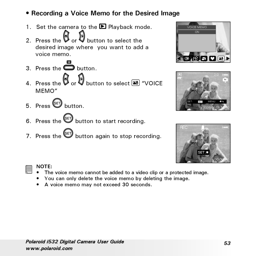 Polaroid i532 manual Recording a Voice Memo for the Desired Image 