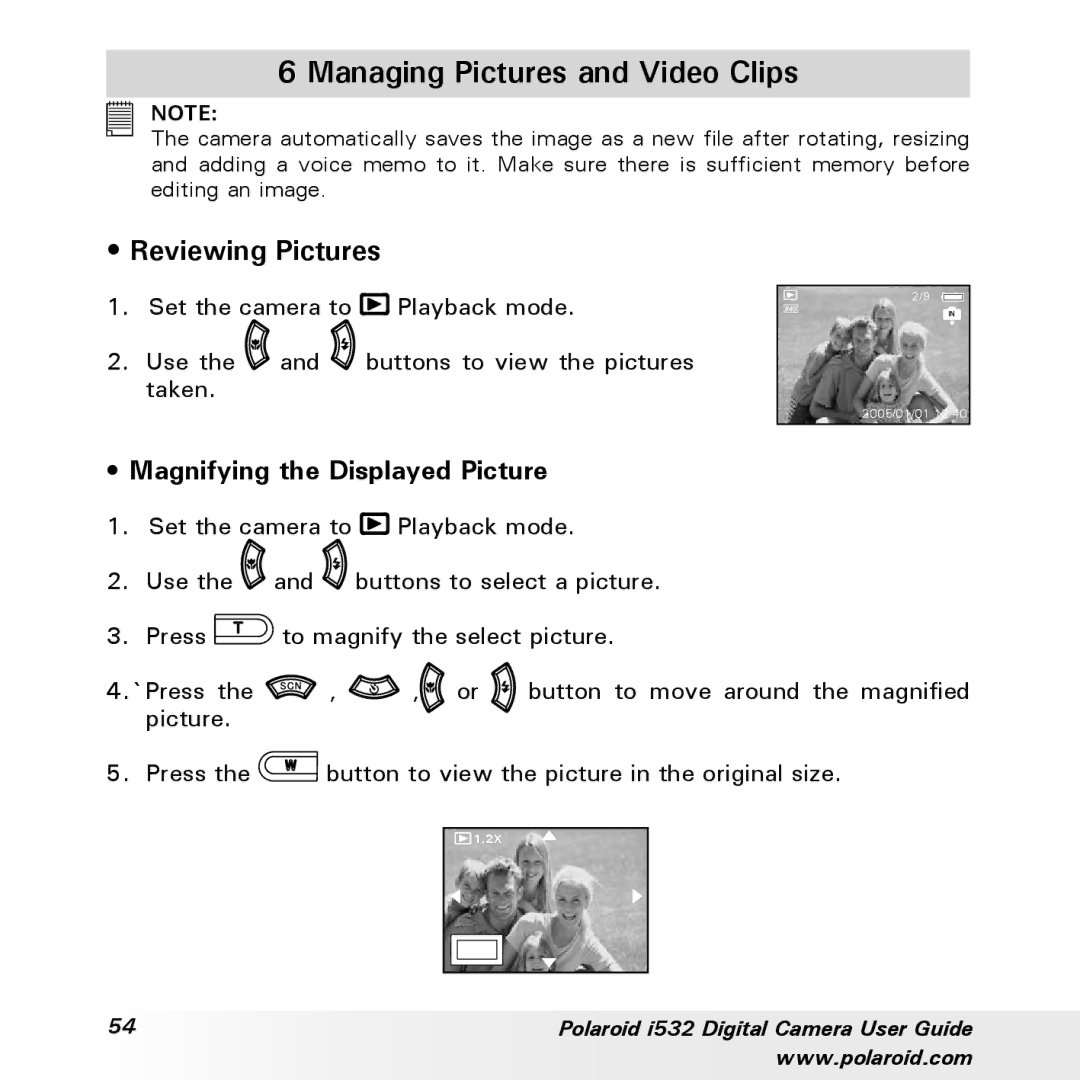 Polaroid i532 manual Managing Pictures and Video Clips, Reviewing Pictures, Magnifying the Displayed Picture 