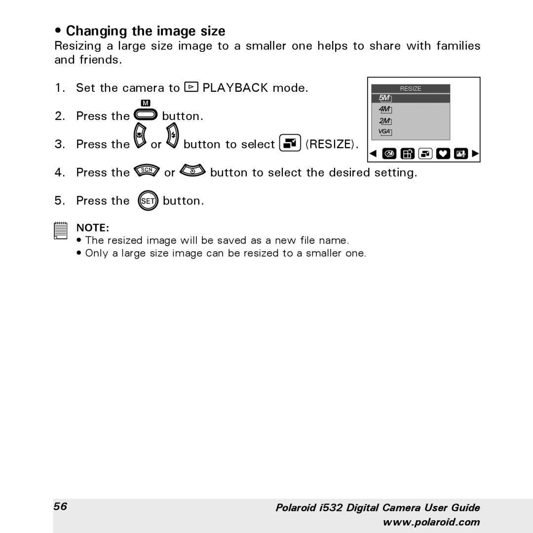 Polaroid i532 manual Changing the image size, Resize 