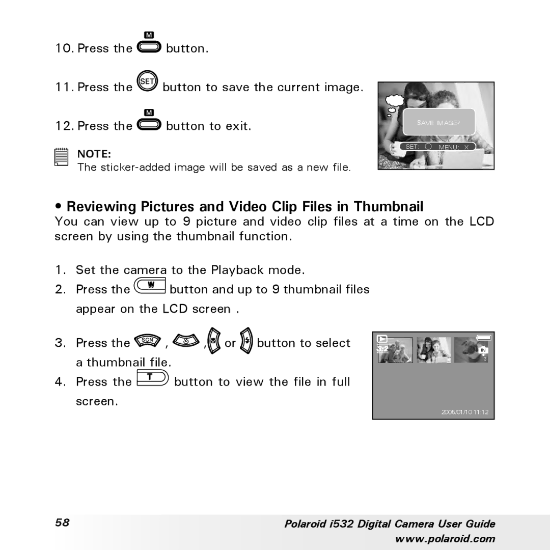 Polaroid i532 manual Reviewing Pictures and Video Clip Files in Thumbnail 