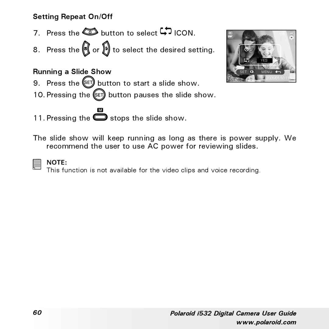 Polaroid i532 manual Setting Repeat On/Off, Running a Slide Show 