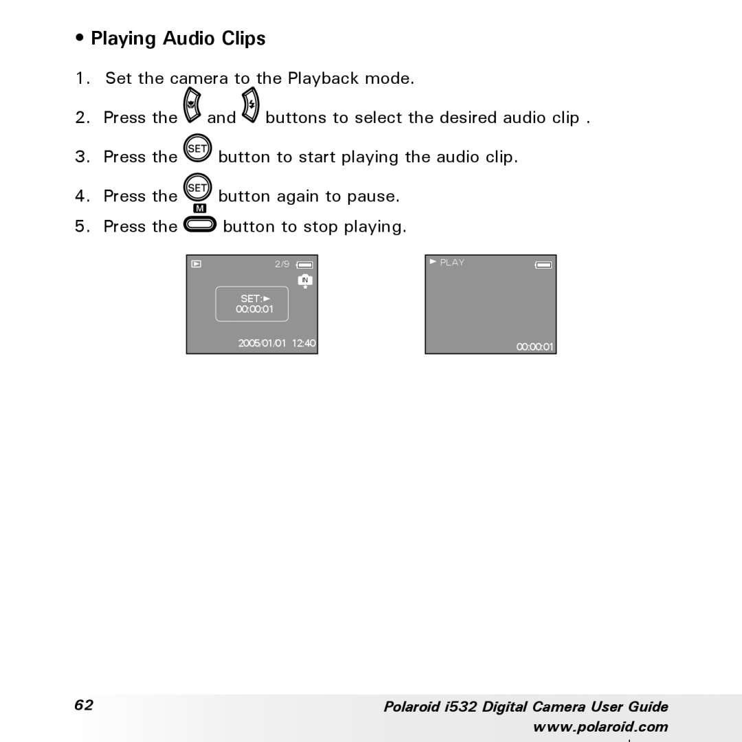 Polaroid i532 manual Playing Audio Clips 