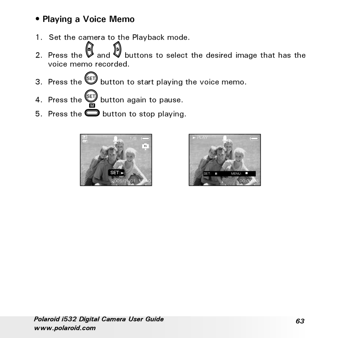 Polaroid i532 manual Playing a Voice Memo 