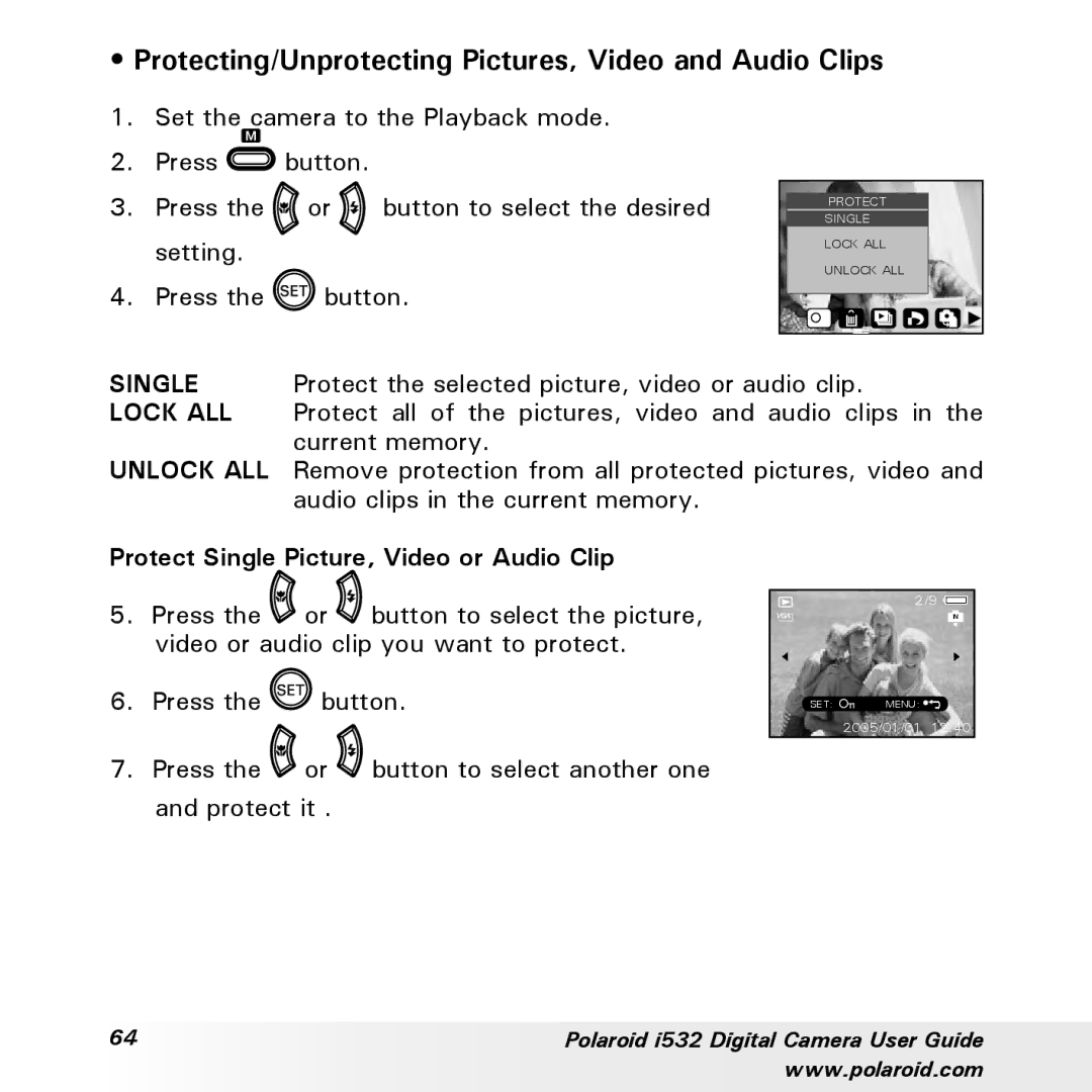 Polaroid i532 manual Protecting/Unprotecting Pictures, Video and Audio Clips, Protect Single Picture, Video or Audio Clip 