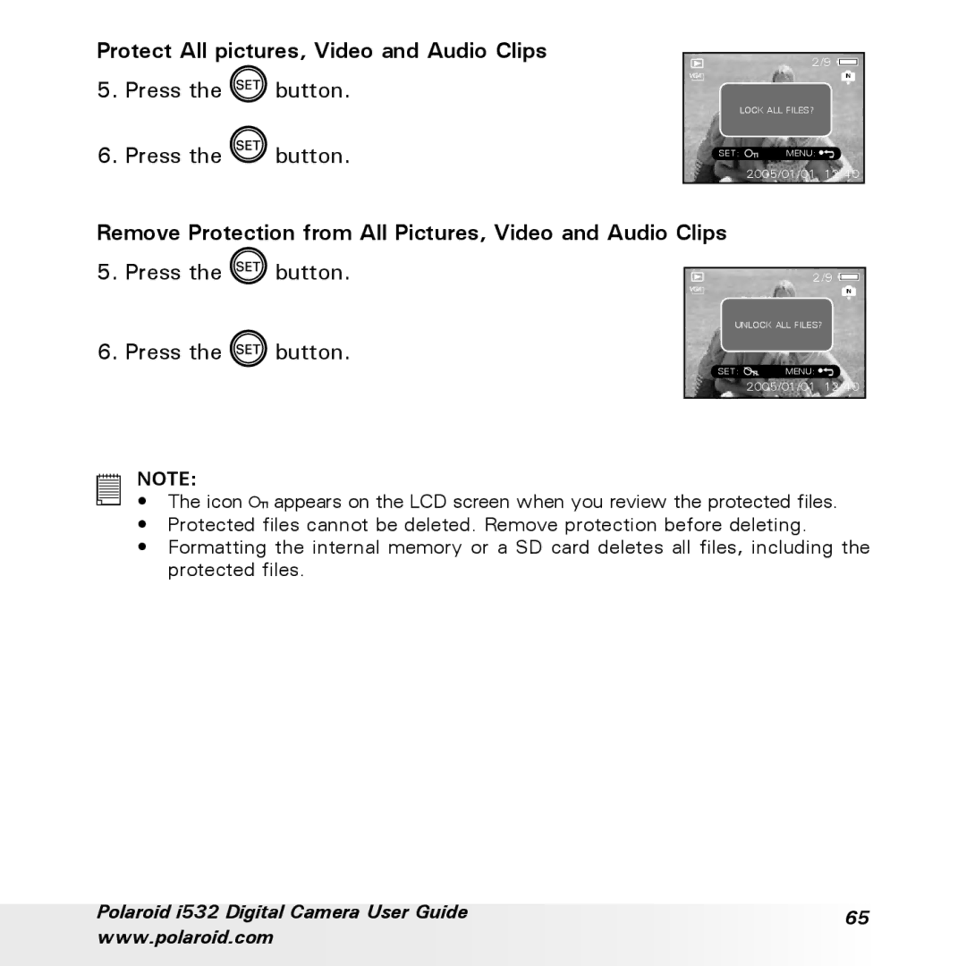 Polaroid i532 Protect All pictures, Video and Audio Clips, Remove Protection from All Pictures, Video and Audio Clips 