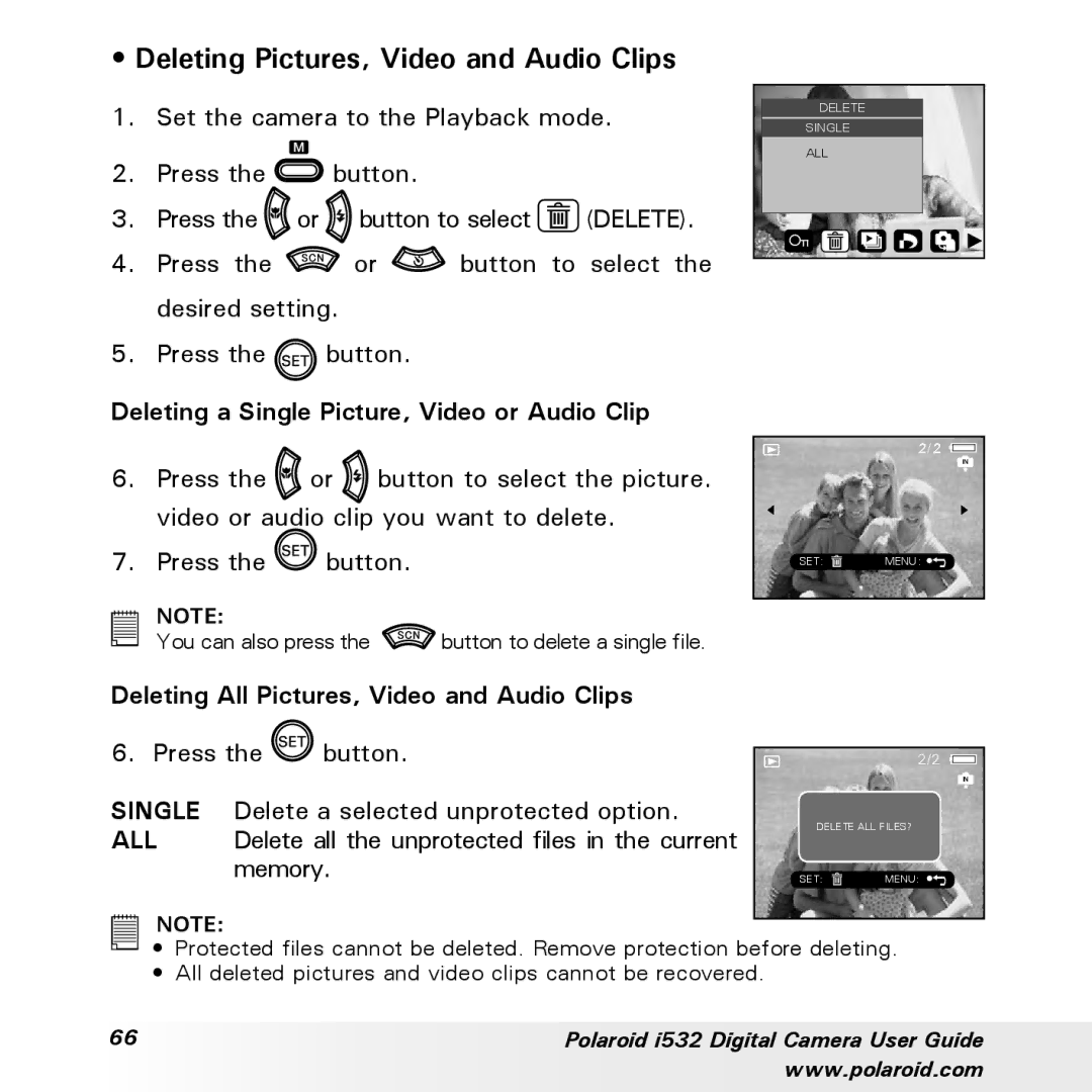 Polaroid i532 manual Deleting Pictures, Video and Audio Clips, Deleting a Single Picture, Video or Audio Clip 