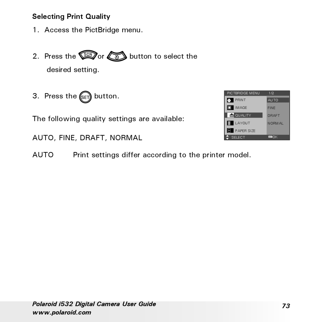 Polaroid i532 manual Selecting Print Quality, Auto 