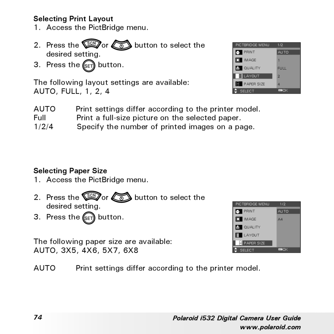 Polaroid i532 manual Selecting Print Layout, Selecting Paper Size 