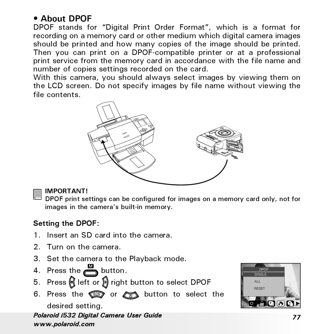 Polaroid i532 manual About Dpof, Setting the Dpof 