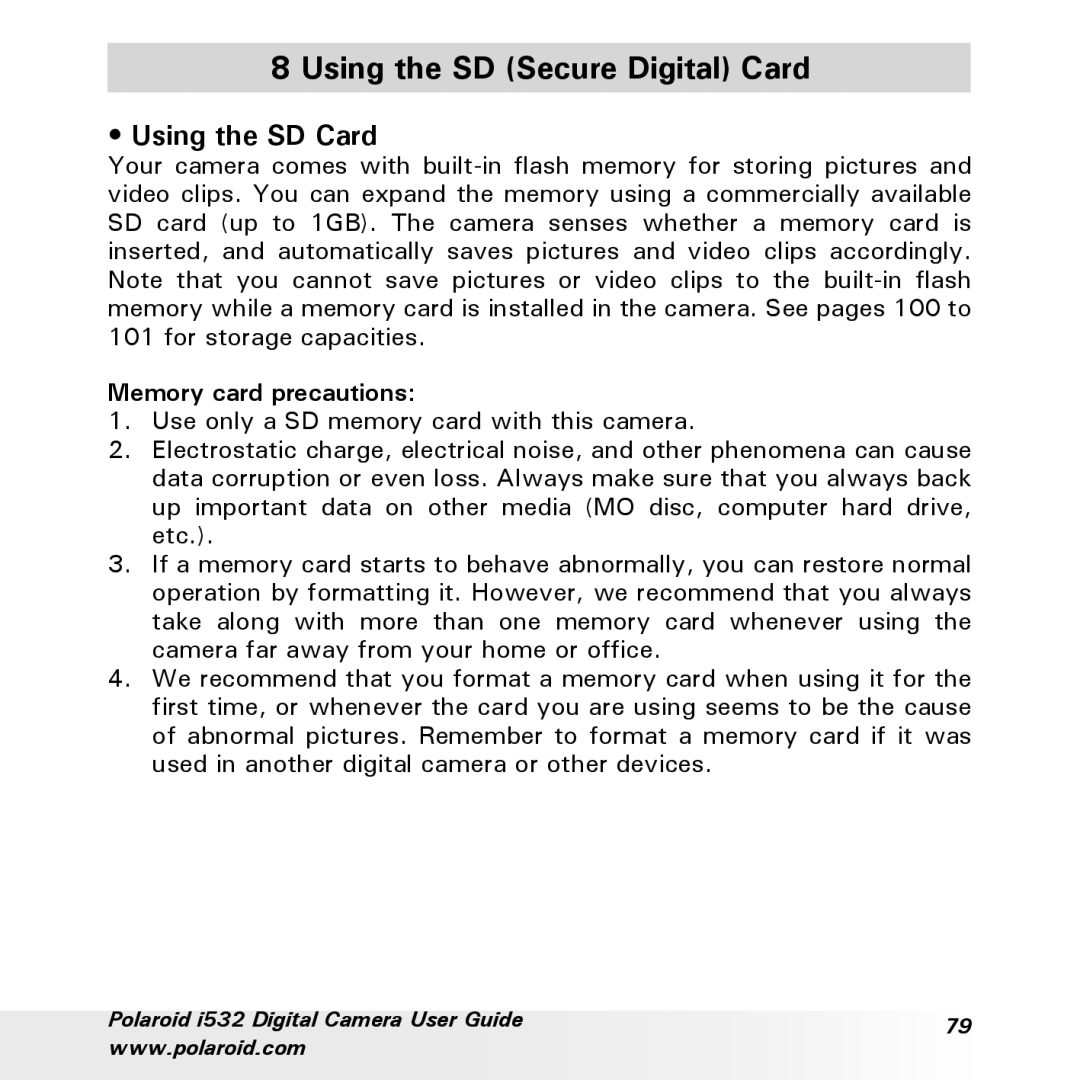 Polaroid i532 manual Using the SD Secure Digital Card, Using the SD Card, Memory card precautions 