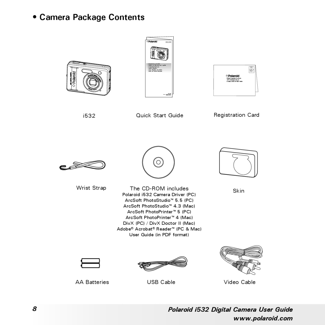 Polaroid i532 manual Camera Package Contents 