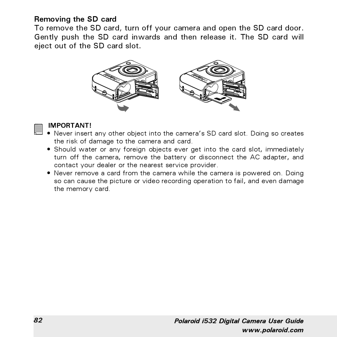 Polaroid i532 manual Removing the SD card 