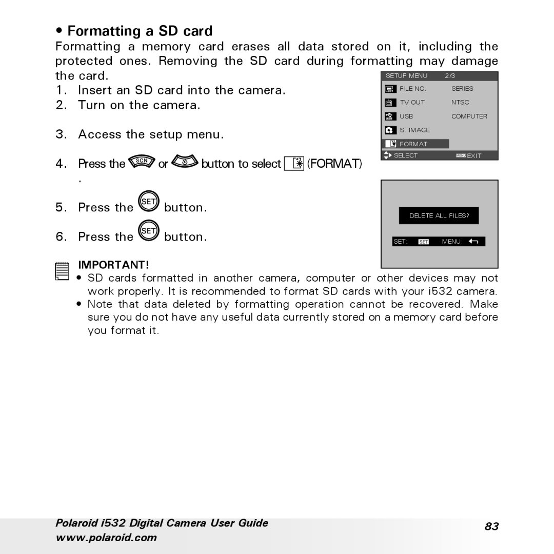 Polaroid i532 manual Formatting a SD card 