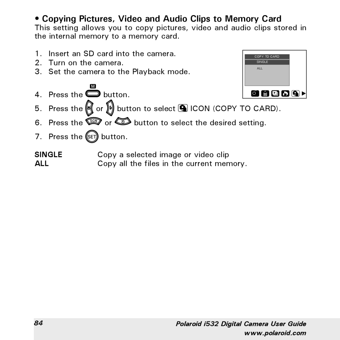 Polaroid i532 manual Copying Pictures, Video and Audio Clips to Memory Card, Copy a selected image or video clip 