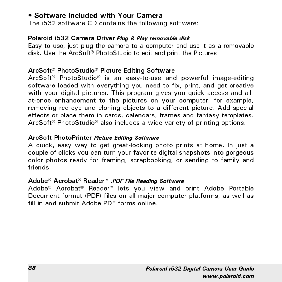 Polaroid manual Software Included with Your Camera, Polaroid i532 Camera Driver Plug & Play removable disk 