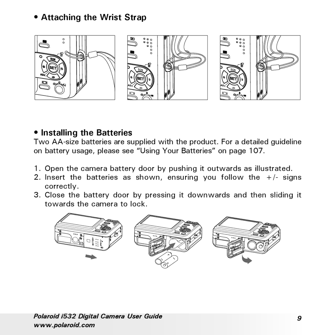 Polaroid i532 manual Attaching the Wrist Strap Installing the Batteries 