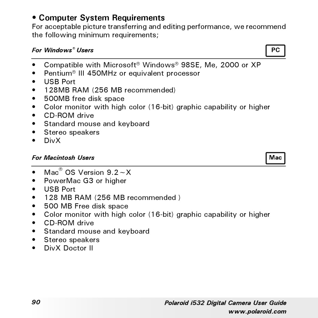 Polaroid i532 manual Computer System Requirements 