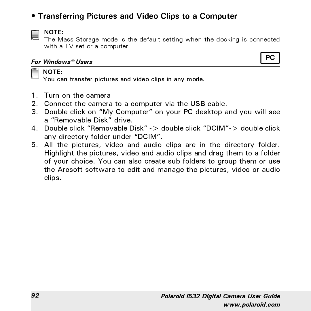 Polaroid i532 manual Transferring Pictures and Video Clips to a Computer 