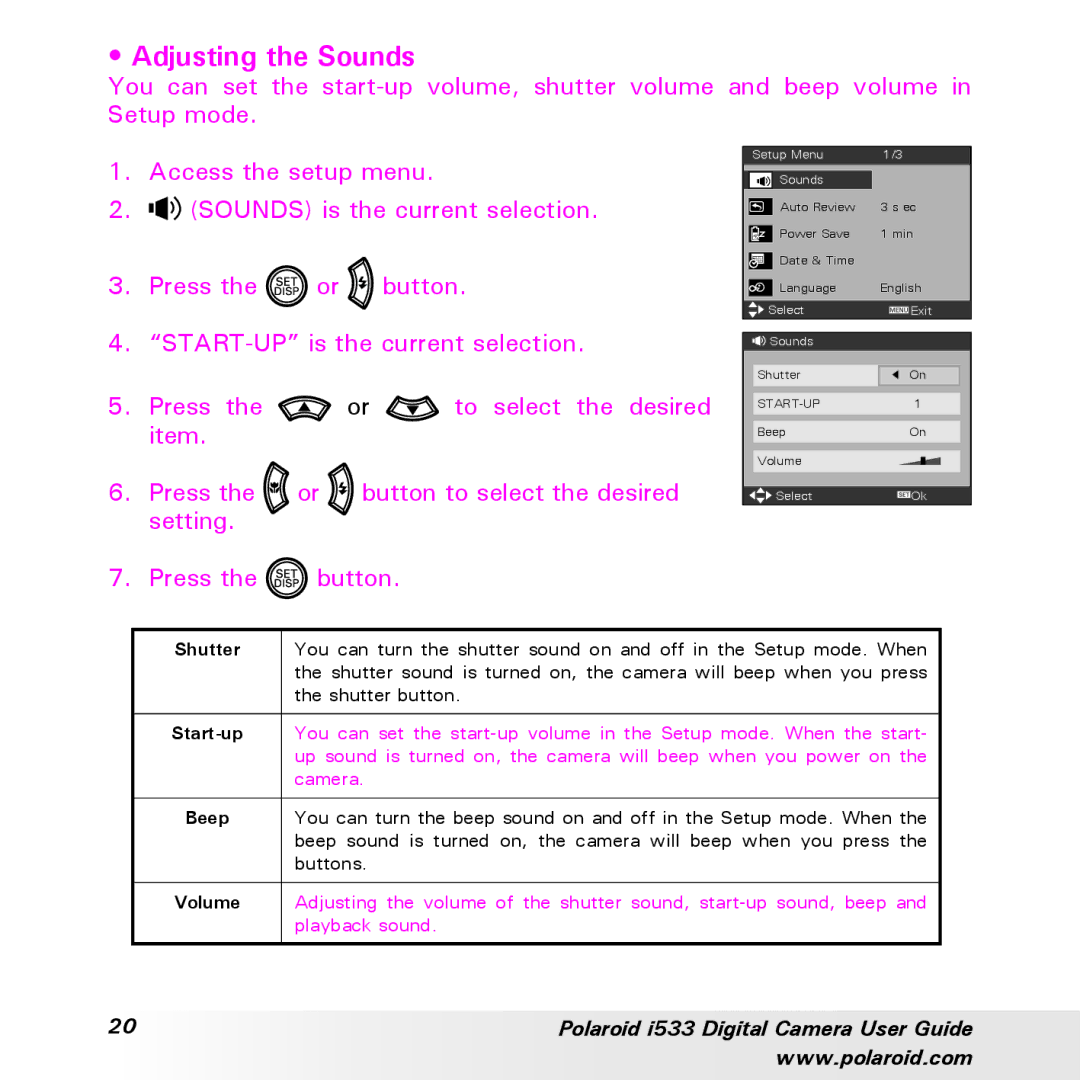 Polaroid I533 manual Adjusting the Sounds 