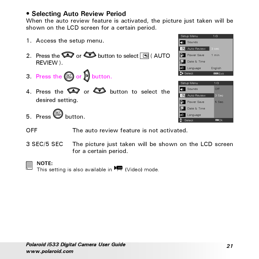 Polaroid I533 manual Selecting Auto Review Period 