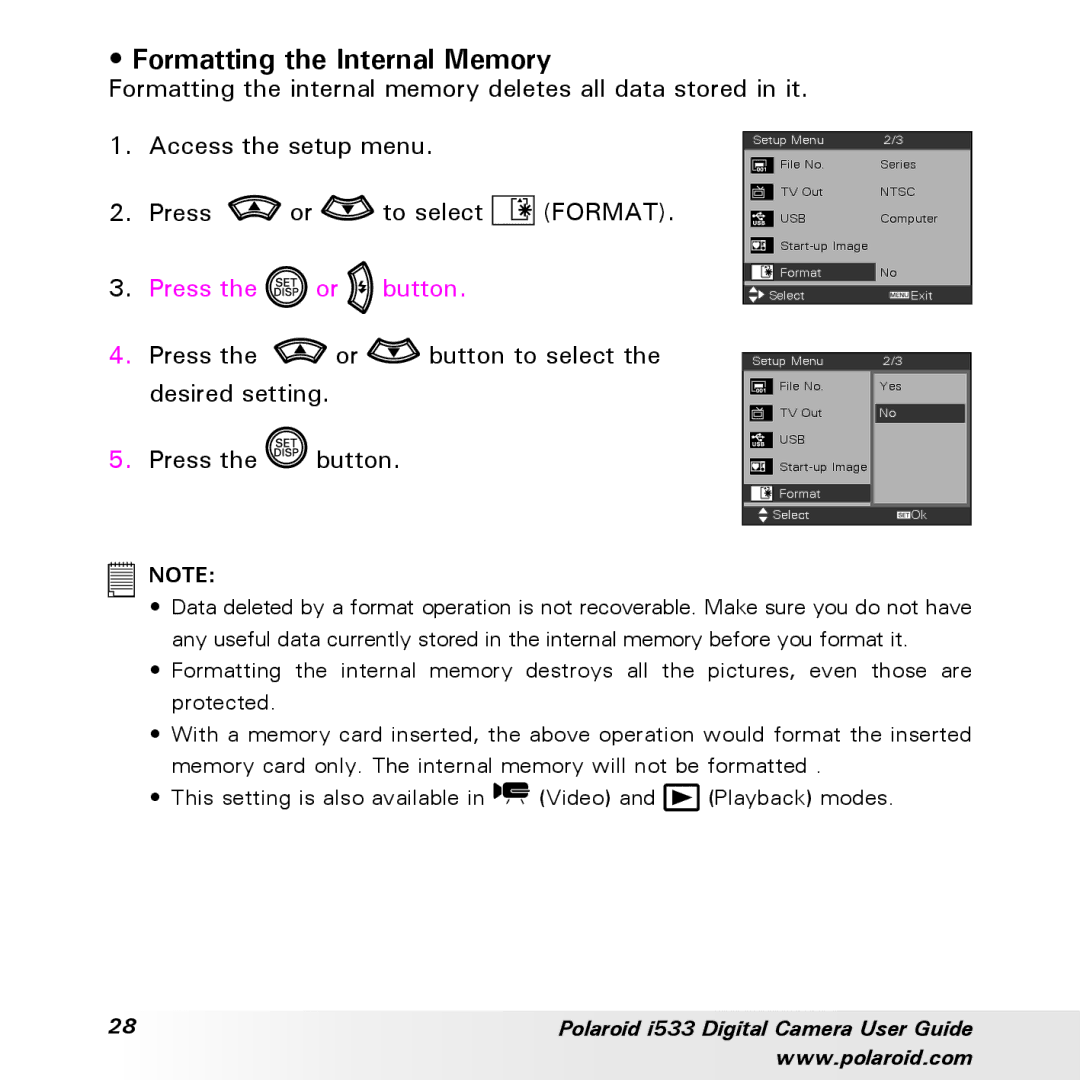 Polaroid I533 manual Formatting the Internal Memory 