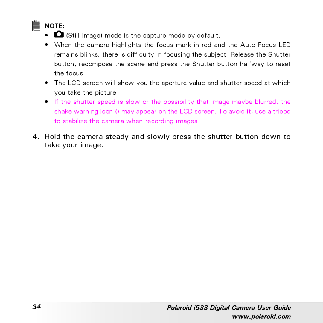 Polaroid I533 manual Polaroid i533 Digital Camera User Guide 