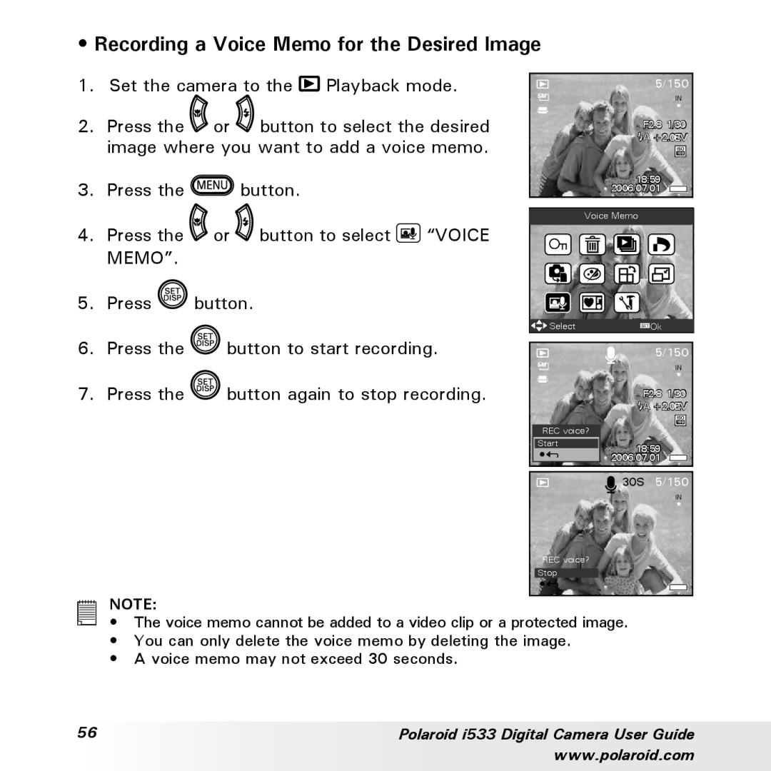 Polaroid I533 manual Recording a Voice Memo for the Desired Image 