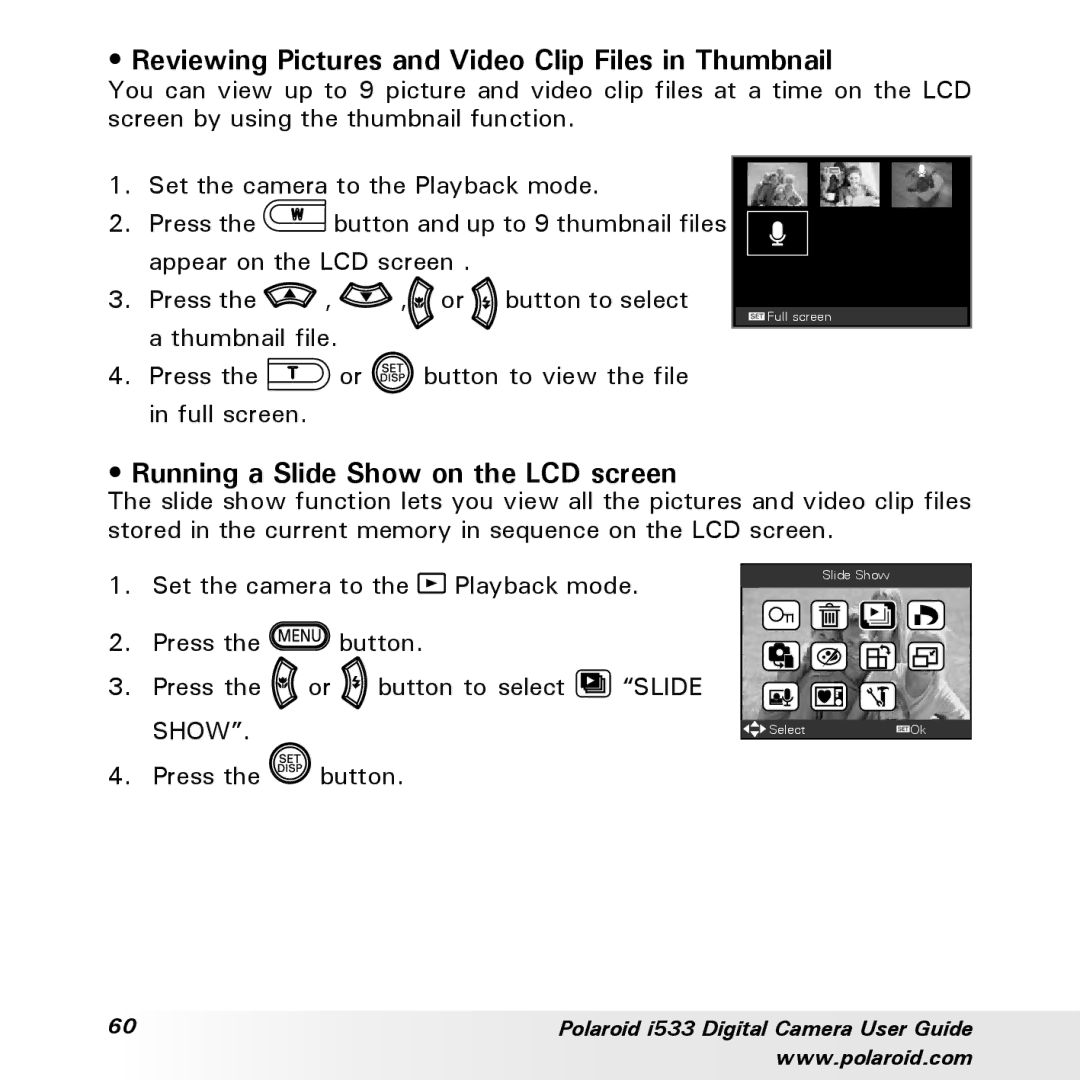 Polaroid I533 manual Reviewing Pictures and Video Clip Files in Thumbnail 