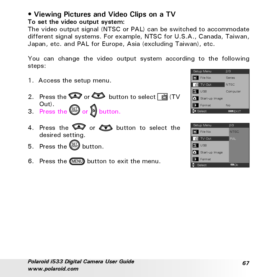 Polaroid I533 manual Viewing Pictures and Video Clips on a TV, To set the video output system 