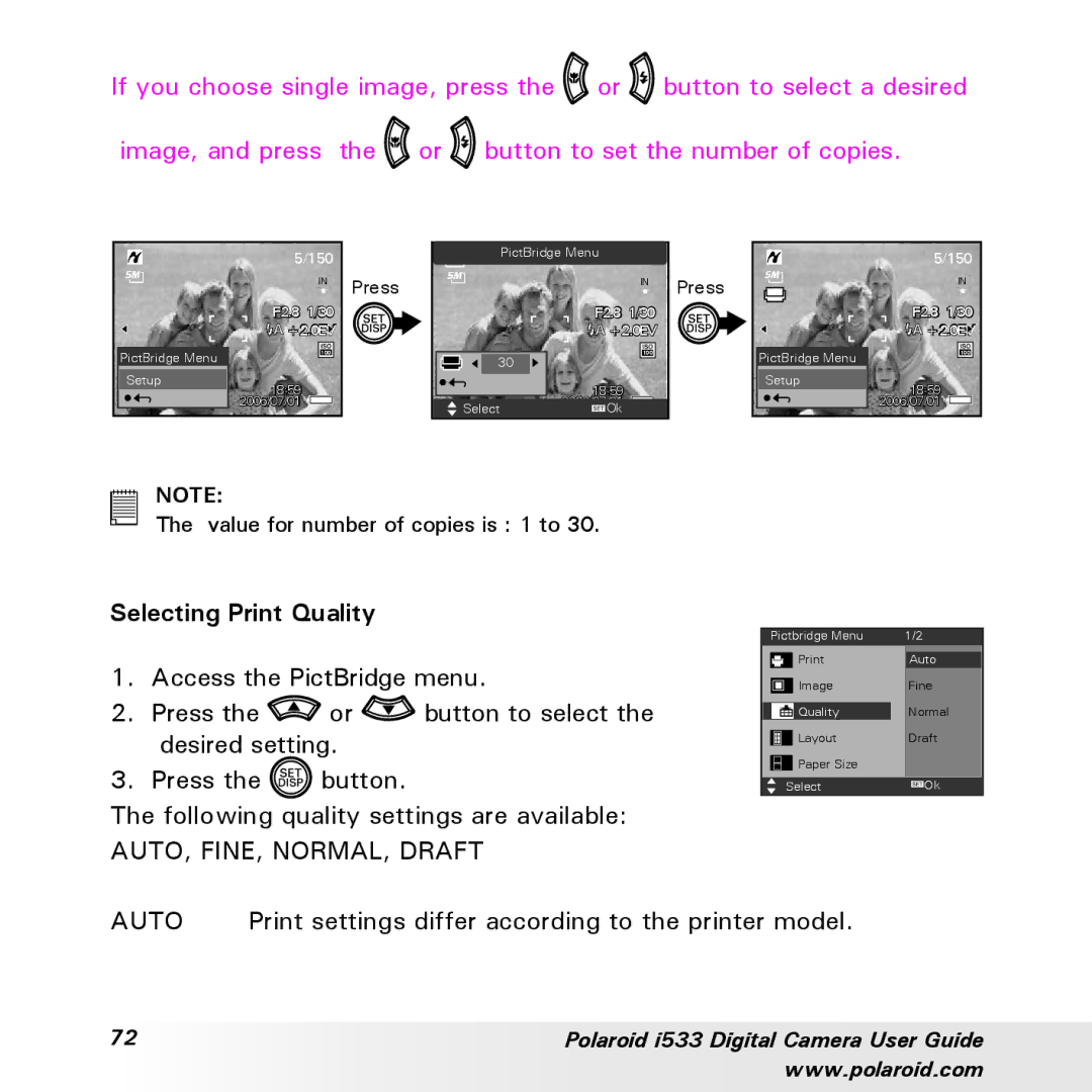 Polaroid I533 manual Selecting Print Quality 