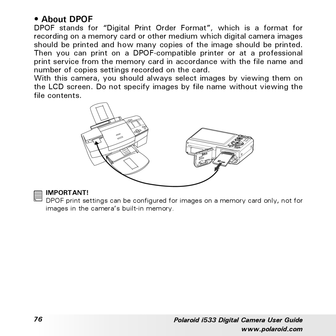 Polaroid I533 manual About Dpof 