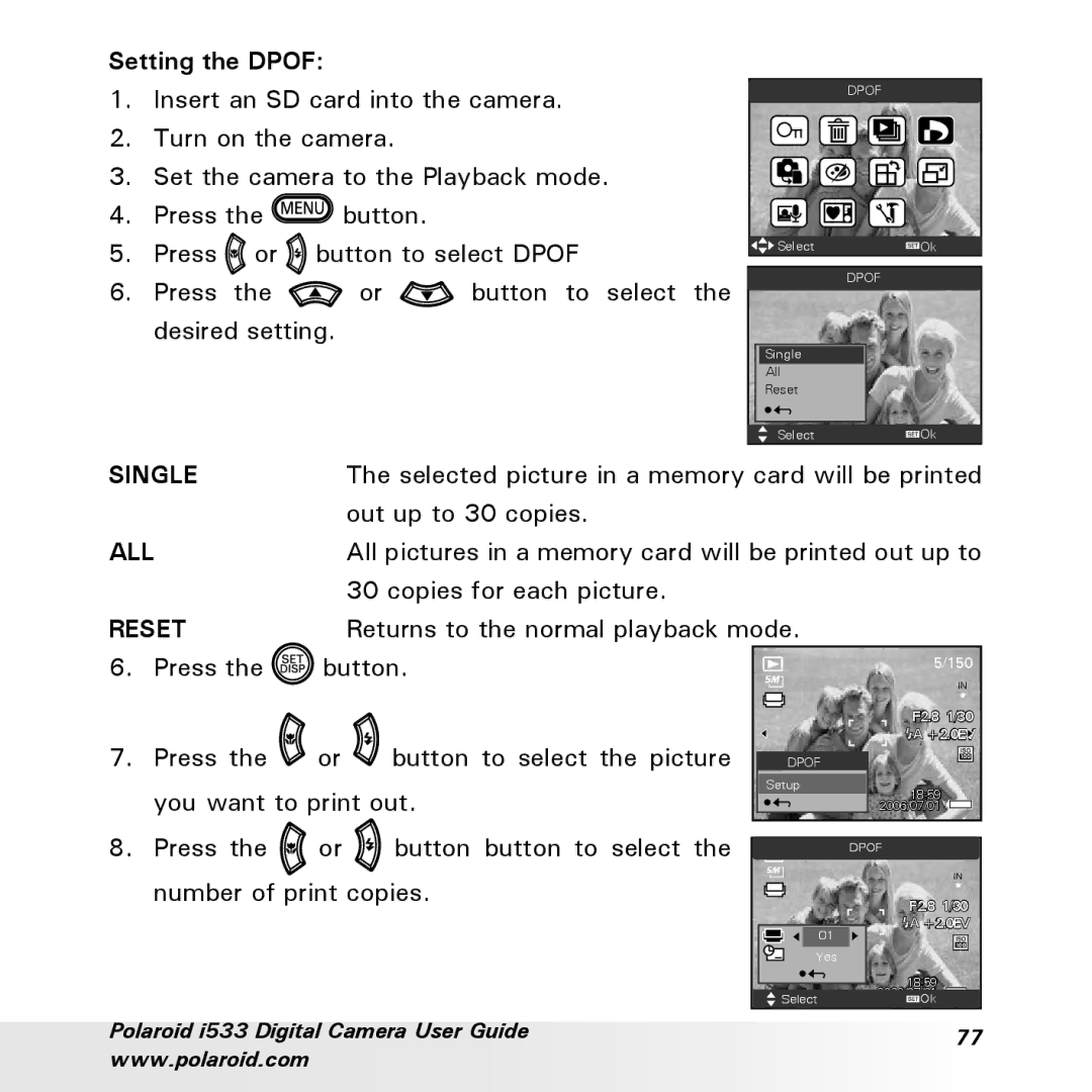 Polaroid I533 manual Setting the Dpof, Reset 