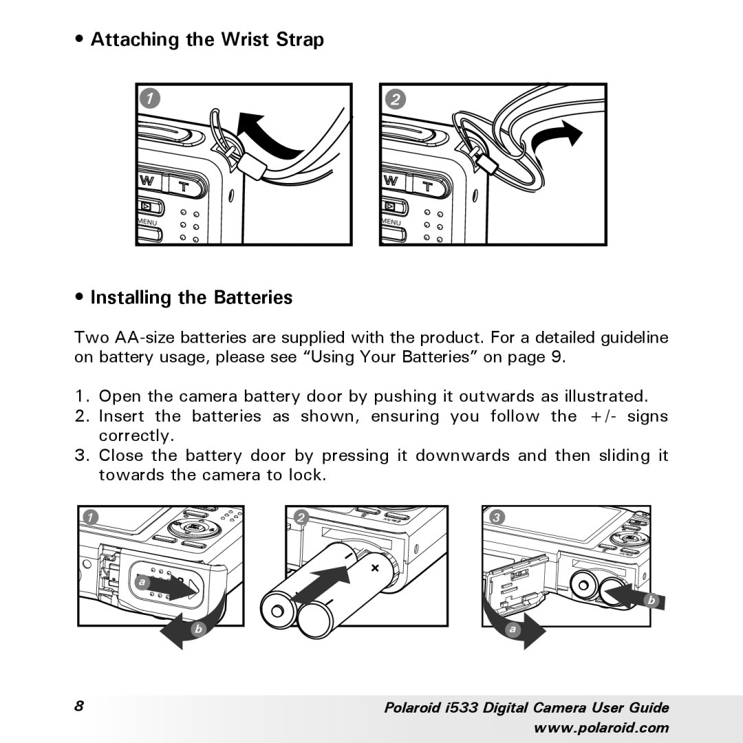 Polaroid I533 manual Attaching the Wrist Strap Installing the Batteries 