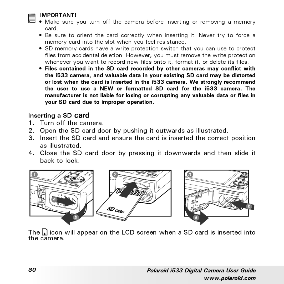 Polaroid I533 manual Inserting a SD card, Camera 