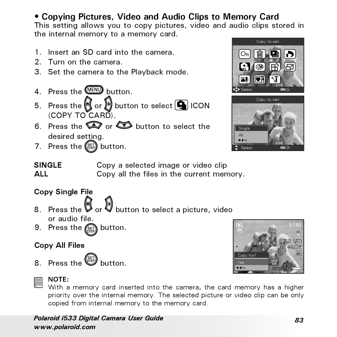 Polaroid I533 manual Copying Pictures, Video and Audio Clips to Memory Card, Copy All Files 