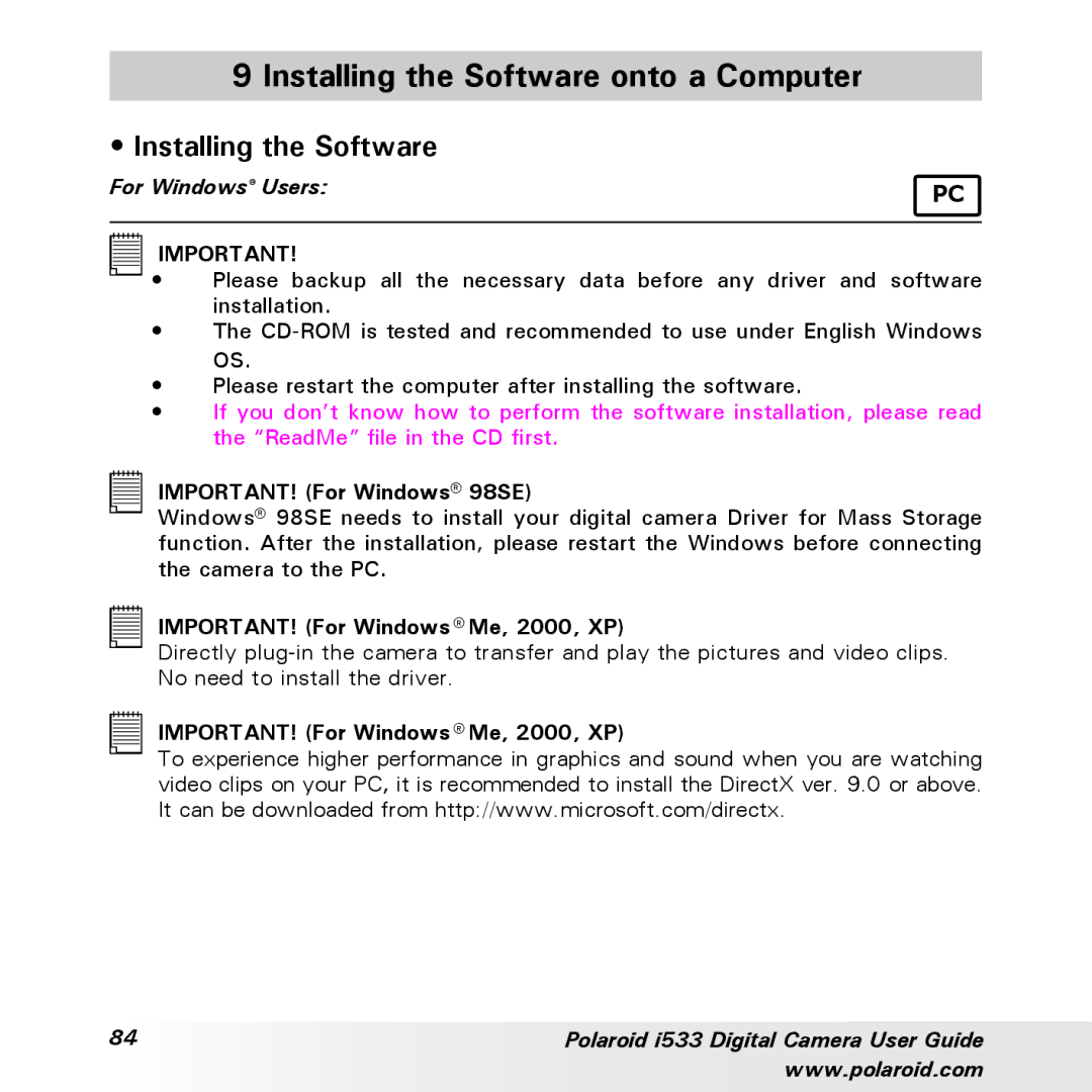 Polaroid I533 manual Installing the Software onto a Computer 