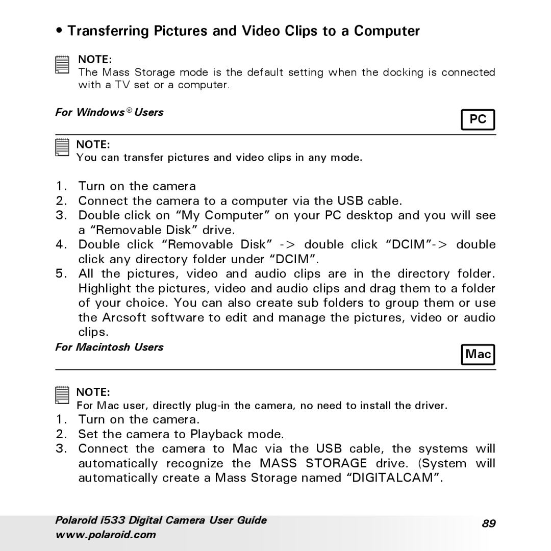 Polaroid I533 manual Transferring Pictures and Video Clips to a Computer 