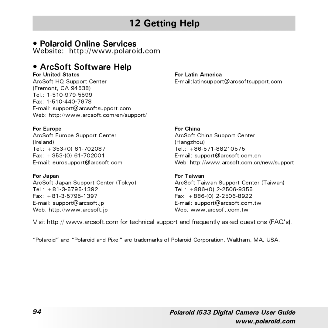 Polaroid I533 manual Getting Help, Polaroid Online Services ArcSoft Software Help 