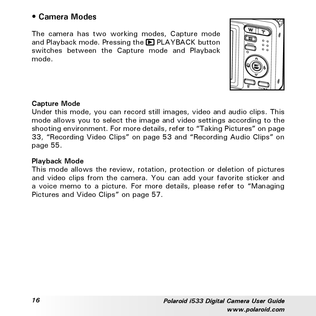 Polaroid I533 manual Camera Modes, Capture Mode, Playback Mode 