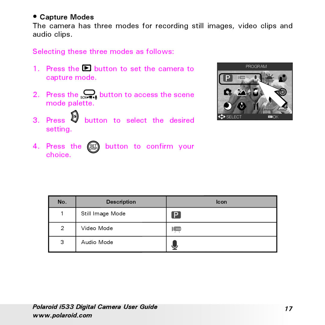 Polaroid I533 manual Capture Modes 