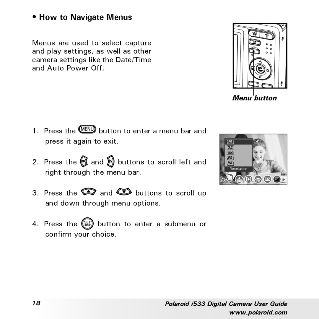 Polaroid I533 manual How to Navigate Menus 