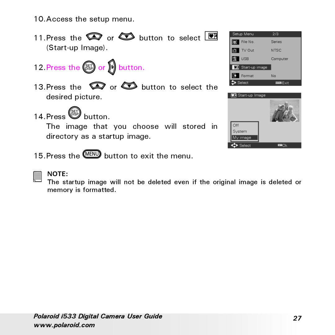 Polaroid I533 manual Access the setup menu 